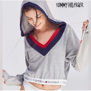 Tommy Hilfiger Cropped Hoodie Gray Red Blue V Neck Long Sleeve Banded Hem
